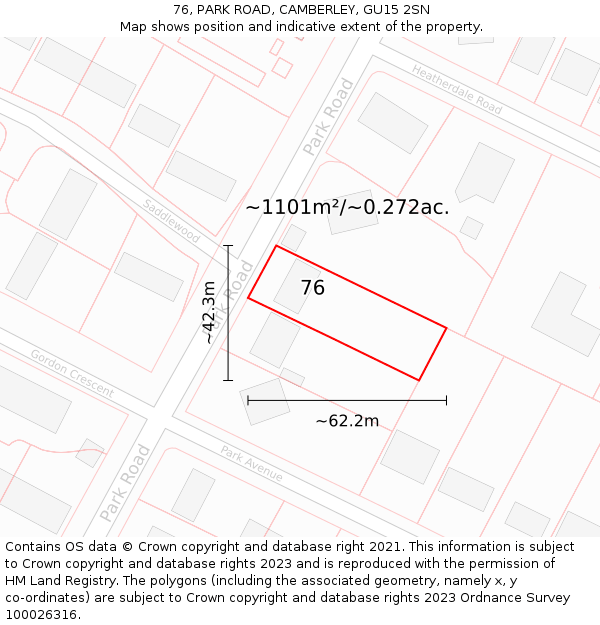 76, PARK ROAD, CAMBERLEY, GU15 2SN: Plot and title map