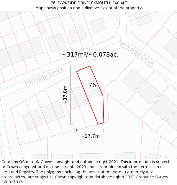 76, PARKSIDE DRIVE, EXMOUTH, EX8 4LT: Plot and title map