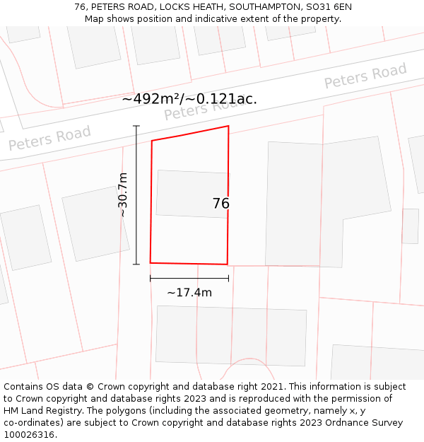 76, PETERS ROAD, LOCKS HEATH, SOUTHAMPTON, SO31 6EN: Plot and title map