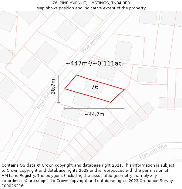 76, PINE AVENUE, HASTINGS, TN34 3PR: Plot and title map