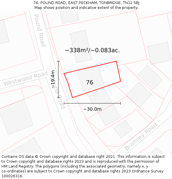 76, POUND ROAD, EAST PECKHAM, TONBRIDGE, TN12 5BJ: Plot and title map