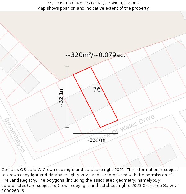 76, PRINCE OF WALES DRIVE, IPSWICH, IP2 9BN: Plot and title map