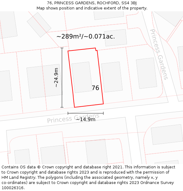 76, PRINCESS GARDENS, ROCHFORD, SS4 3BJ: Plot and title map