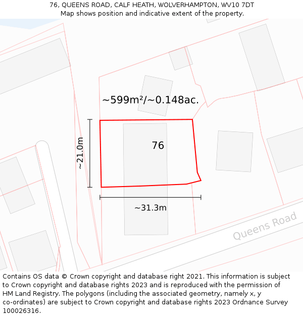 76, QUEENS ROAD, CALF HEATH, WOLVERHAMPTON, WV10 7DT: Plot and title map