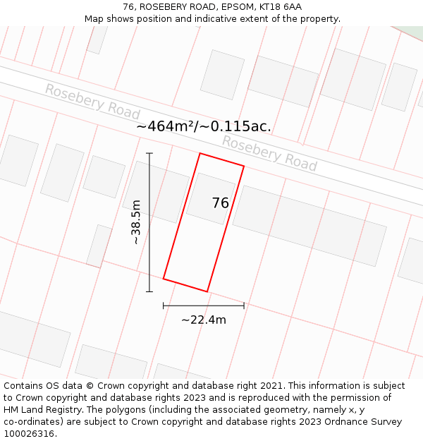 76, ROSEBERY ROAD, EPSOM, KT18 6AA: Plot and title map