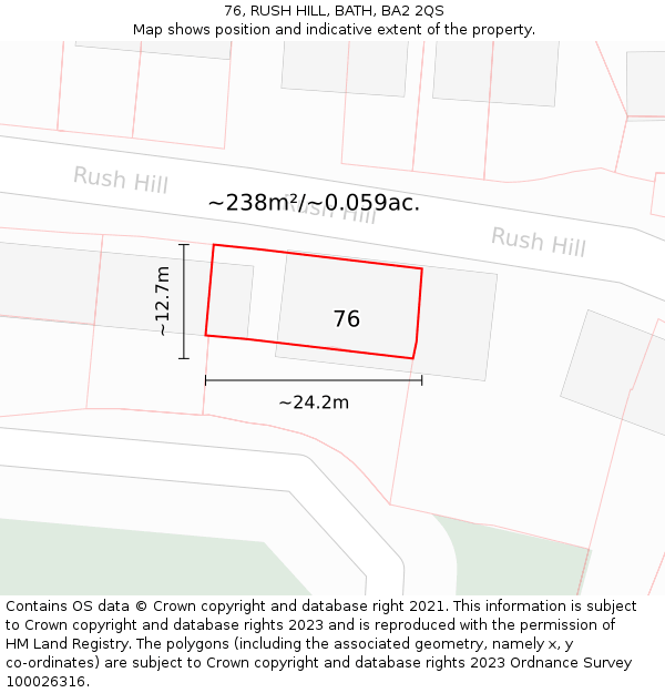 76, RUSH HILL, BATH, BA2 2QS: Plot and title map