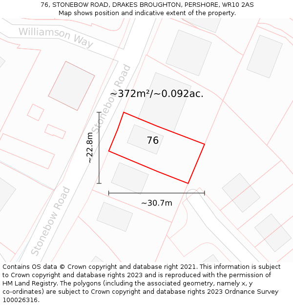 76, STONEBOW ROAD, DRAKES BROUGHTON, PERSHORE, WR10 2AS: Plot and title map