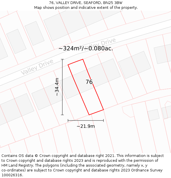 76, VALLEY DRIVE, SEAFORD, BN25 3BW: Plot and title map