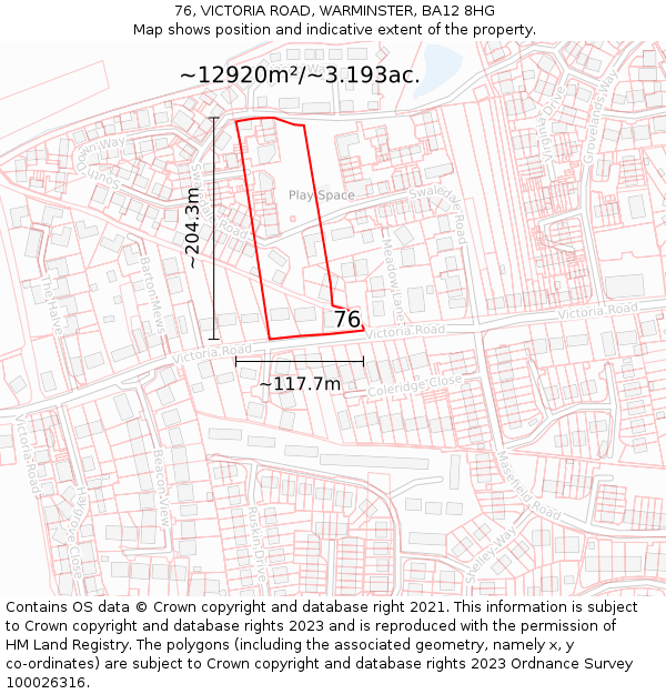 76, VICTORIA ROAD, WARMINSTER, BA12 8HG: Plot and title map