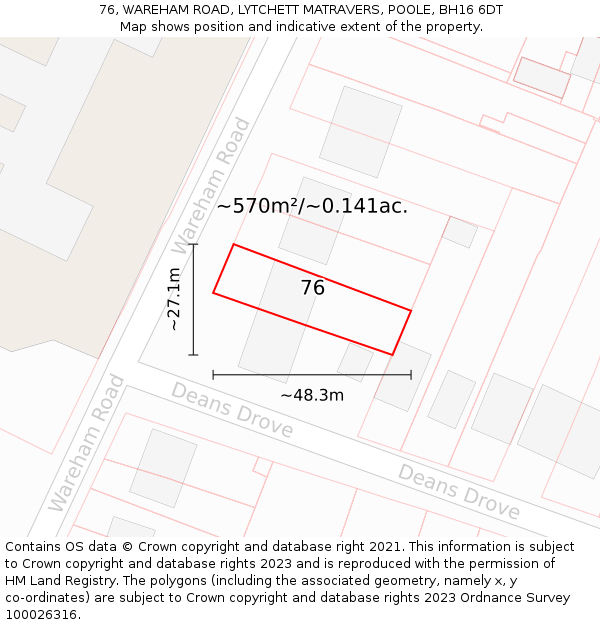 76, WAREHAM ROAD, LYTCHETT MATRAVERS, POOLE, BH16 6DT: Plot and title map