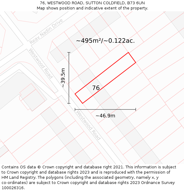 76, WESTWOOD ROAD, SUTTON COLDFIELD, B73 6UN: Plot and title map