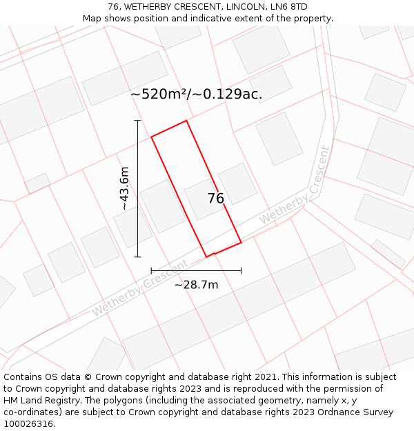 76, WETHERBY CRESCENT, LINCOLN, LN6 8TD: Plot and title map