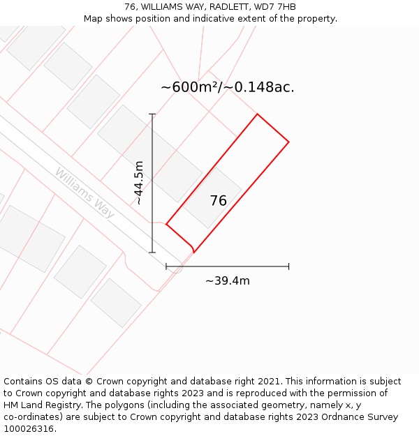 76, WILLIAMS WAY, RADLETT, WD7 7HB: Plot and title map