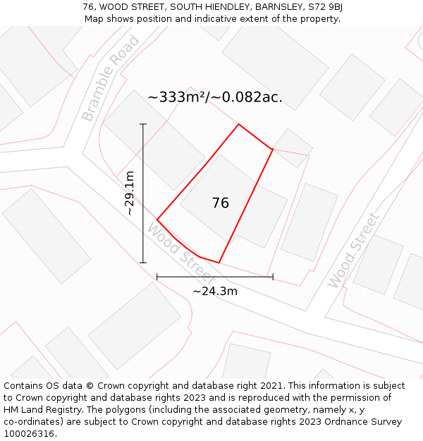 76, WOOD STREET, SOUTH HIENDLEY, BARNSLEY, S72 9BJ: Plot and title map