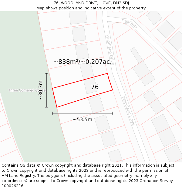 76, WOODLAND DRIVE, HOVE, BN3 6DJ: Plot and title map