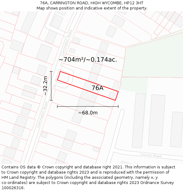 76A, CARRINGTON ROAD, HIGH WYCOMBE, HP12 3HT: Plot and title map