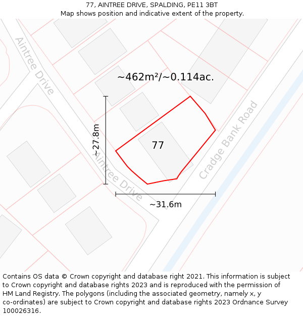 77, AINTREE DRIVE, SPALDING, PE11 3BT: Plot and title map