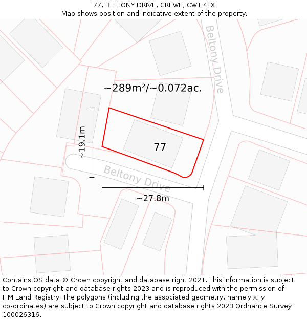 77, BELTONY DRIVE, CREWE, CW1 4TX: Plot and title map