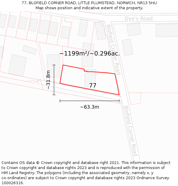 77, BLOFIELD CORNER ROAD, LITTLE PLUMSTEAD, NORWICH, NR13 5HU: Plot and title map