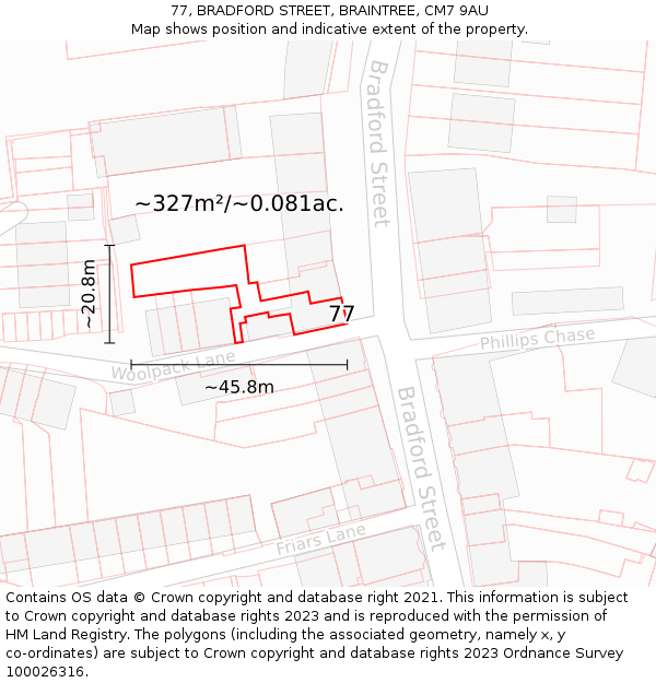 77, BRADFORD STREET, BRAINTREE, CM7 9AU: Plot and title map