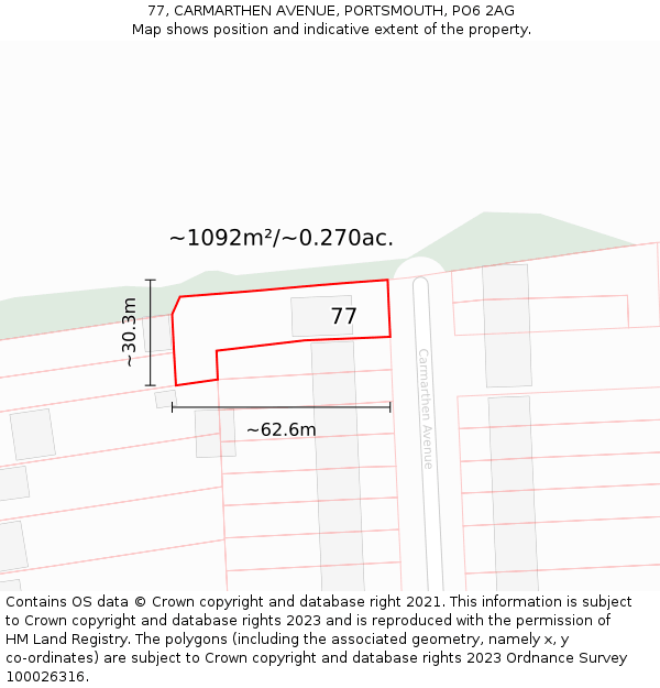 77, CARMARTHEN AVENUE, PORTSMOUTH, PO6 2AG: Plot and title map