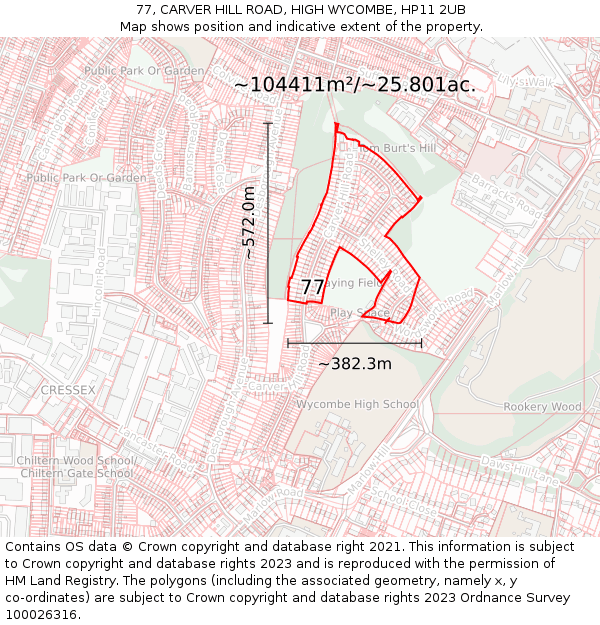 77, CARVER HILL ROAD, HIGH WYCOMBE, HP11 2UB: Plot and title map