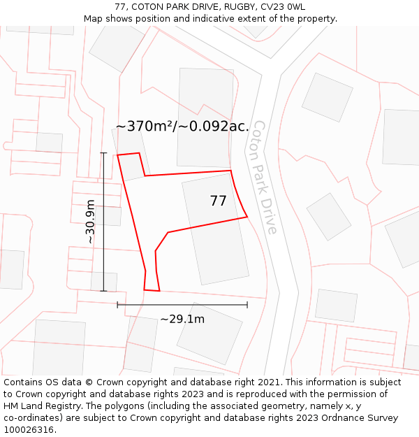 77, COTON PARK DRIVE, RUGBY, CV23 0WL: Plot and title map