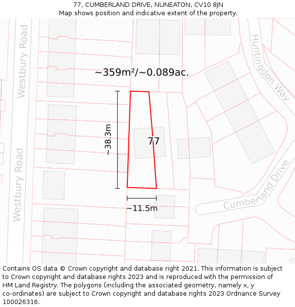 77, CUMBERLAND DRIVE, NUNEATON, CV10 8JN: Plot and title map