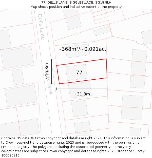 77, DELLS LANE, BIGGLESWADE, SG18 8LH: Plot and title map