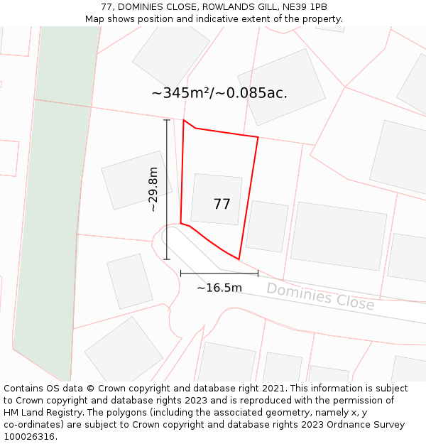 77, DOMINIES CLOSE, ROWLANDS GILL, NE39 1PB: Plot and title map