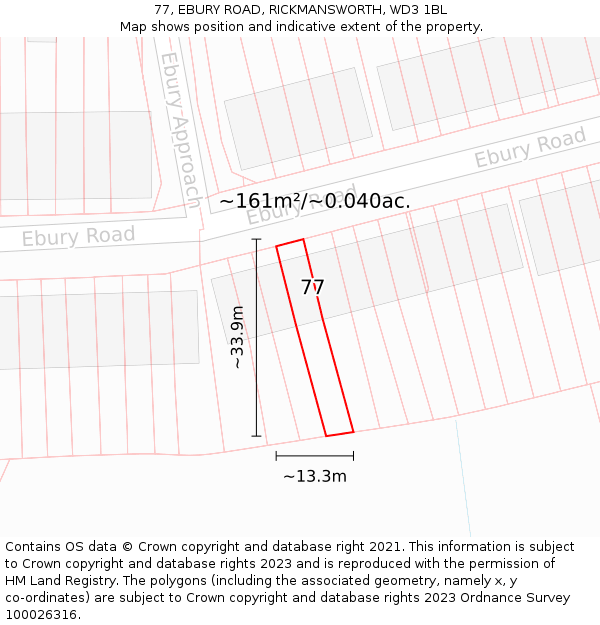 77, EBURY ROAD, RICKMANSWORTH, WD3 1BL: Plot and title map
