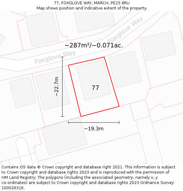 77, FOXGLOVE WAY, MARCH, PE15 8RU: Plot and title map