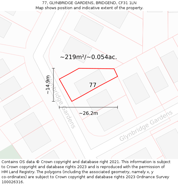 77, GLYNBRIDGE GARDENS, BRIDGEND, CF31 1LN: Plot and title map