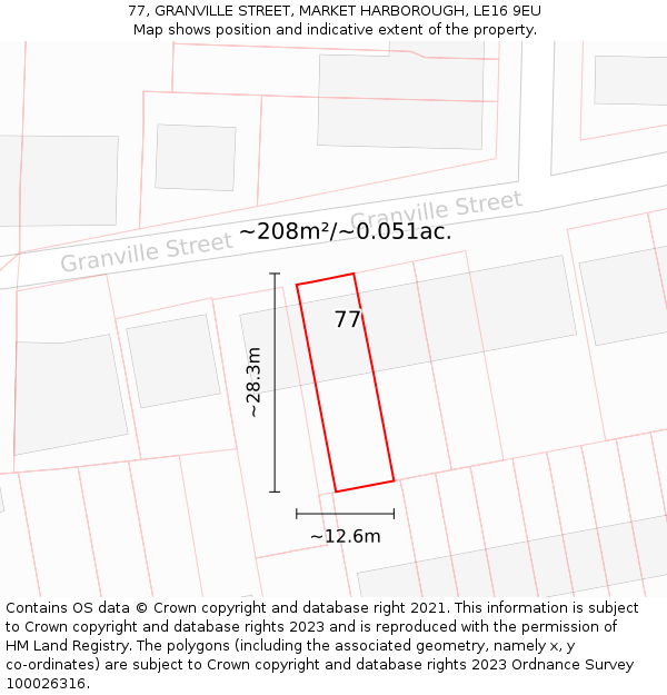 77, GRANVILLE STREET, MARKET HARBOROUGH, LE16 9EU: Plot and title map