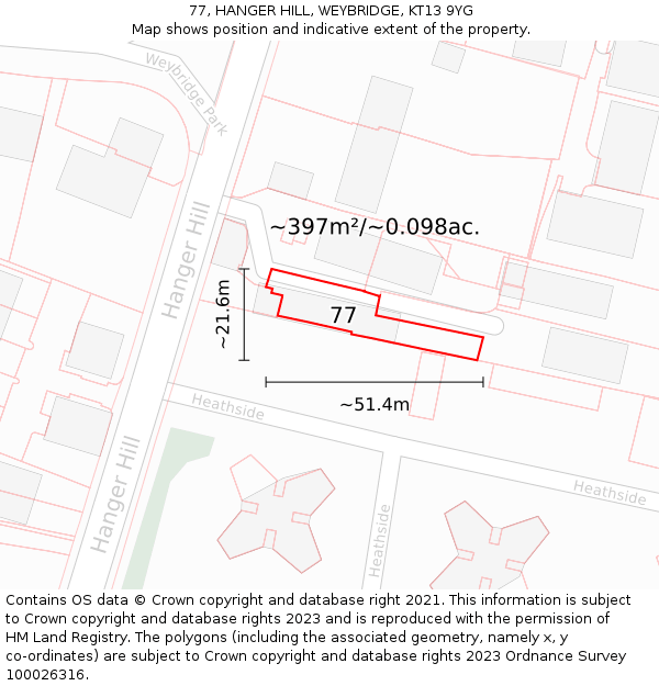 77, HANGER HILL, WEYBRIDGE, KT13 9YG: Plot and title map