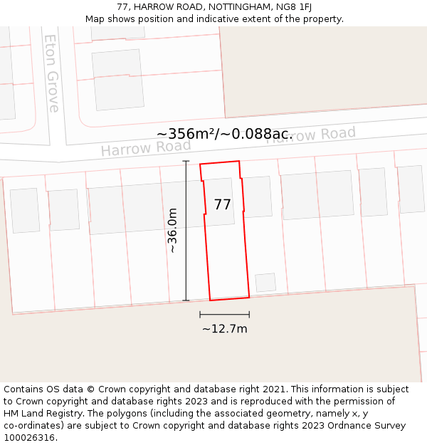 77, HARROW ROAD, NOTTINGHAM, NG8 1FJ: Plot and title map