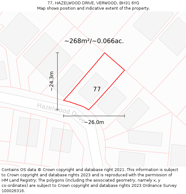 77, HAZELWOOD DRIVE, VERWOOD, BH31 6YG: Plot and title map