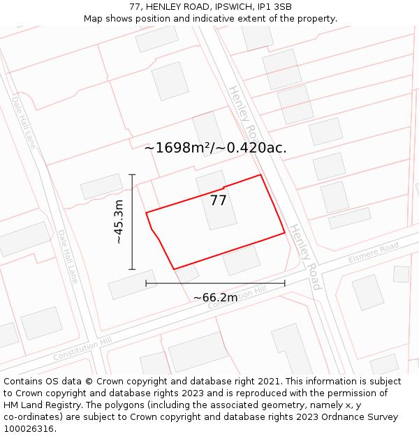 77, HENLEY ROAD, IPSWICH, IP1 3SB: Plot and title map