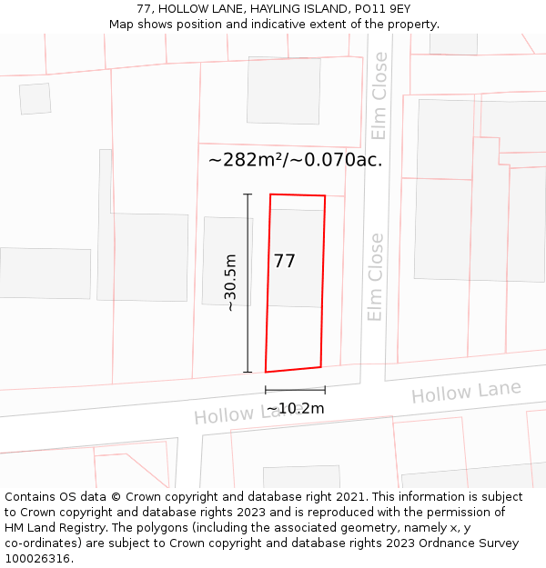 77, HOLLOW LANE, HAYLING ISLAND, PO11 9EY: Plot and title map