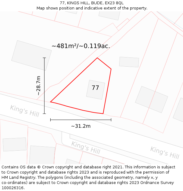 77, KINGS HILL, BUDE, EX23 8QL: Plot and title map