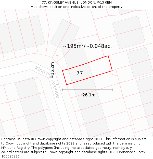 77, KINGSLEY AVENUE, LONDON, W13 0EH: Plot and title map
