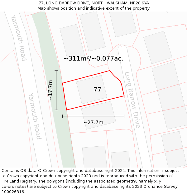 77, LONG BARROW DRIVE, NORTH WALSHAM, NR28 9YA: Plot and title map