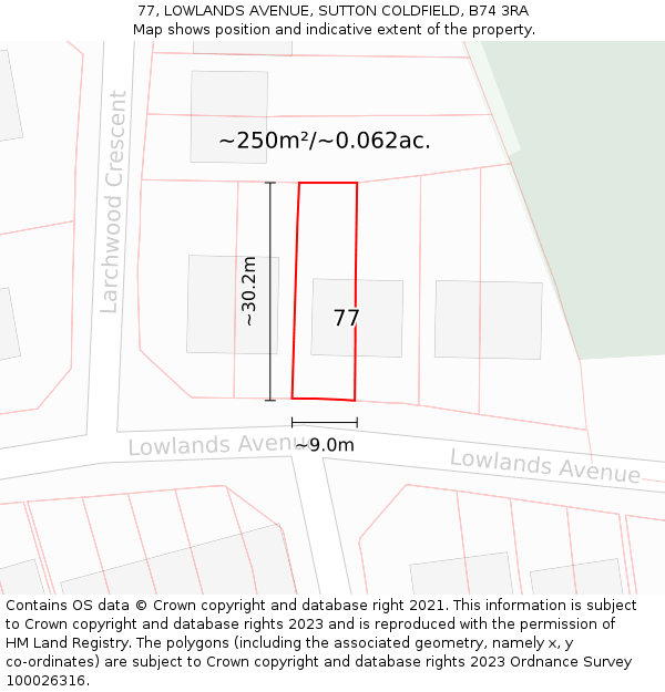 77, LOWLANDS AVENUE, SUTTON COLDFIELD, B74 3RA: Plot and title map