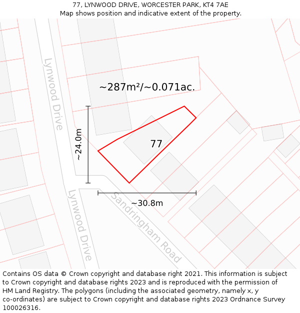 77, LYNWOOD DRIVE, WORCESTER PARK, KT4 7AE: Plot and title map