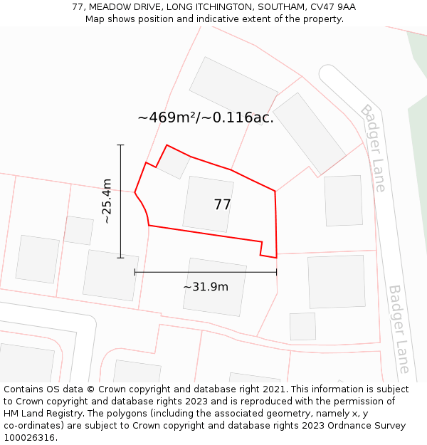 77, MEADOW DRIVE, LONG ITCHINGTON, SOUTHAM, CV47 9AA: Plot and title map