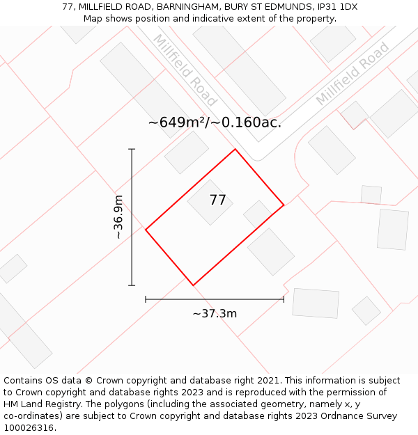 77, MILLFIELD ROAD, BARNINGHAM, BURY ST EDMUNDS, IP31 1DX: Plot and title map