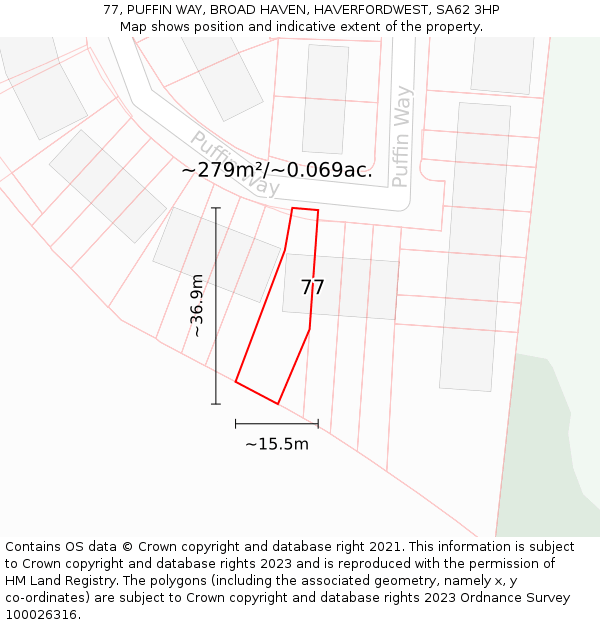 77, PUFFIN WAY, BROAD HAVEN, HAVERFORDWEST, SA62 3HP: Plot and title map