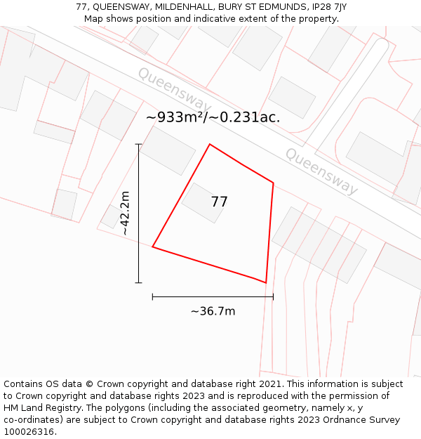 77, QUEENSWAY, MILDENHALL, BURY ST EDMUNDS, IP28 7JY: Plot and title map