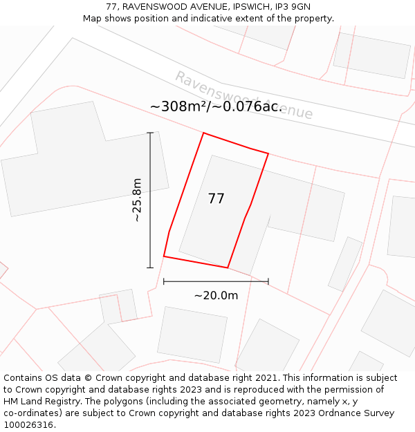 77, RAVENSWOOD AVENUE, IPSWICH, IP3 9GN: Plot and title map
