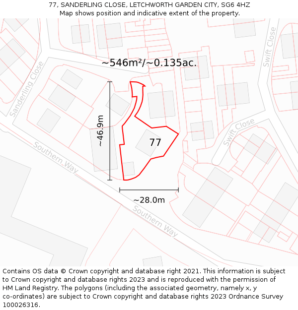 77, SANDERLING CLOSE, LETCHWORTH GARDEN CITY, SG6 4HZ: Plot and title map